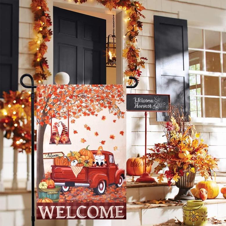 Harvest Welcome Fall Garden Flag, Vertical Double Sided Truck Loads Of Pumpkin & Gnome Yard Flag, Fall Decorations For Home With Swinging Gnome, Farmhouse Rustic Outdoor Fall Decor