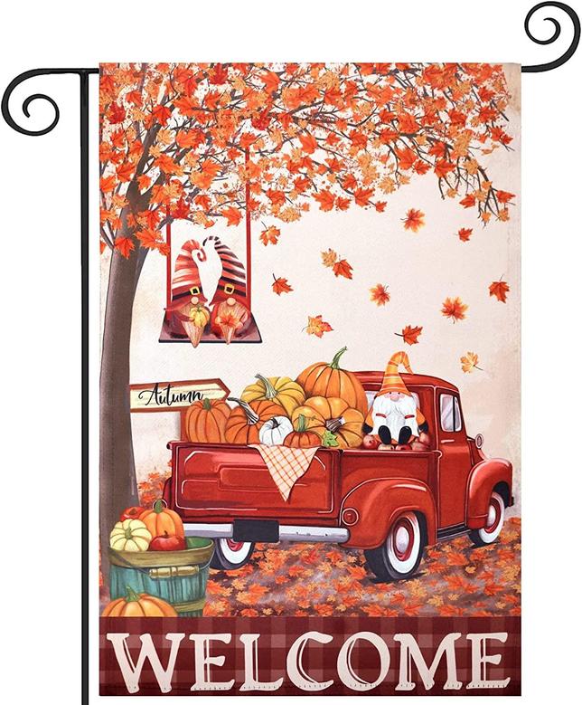 Harvest Welcome Fall Garden Flag, Vertical Double Sided Truck Loads Of Pumpkin & Gnome Yard Flag, Fall Decorations For Home With Swinging Gnome, Farmhouse Rustic Outdoor Fall Decor
