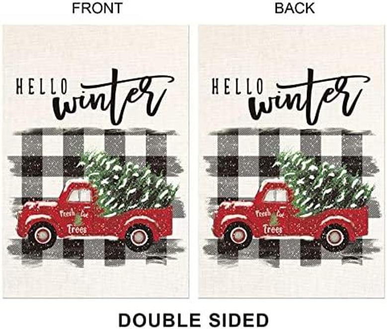 Hello Winter Christmas Red Truck Garden Flag Vertical Double Sided Black White Buffalo Plaid Yard Outdoor Decor