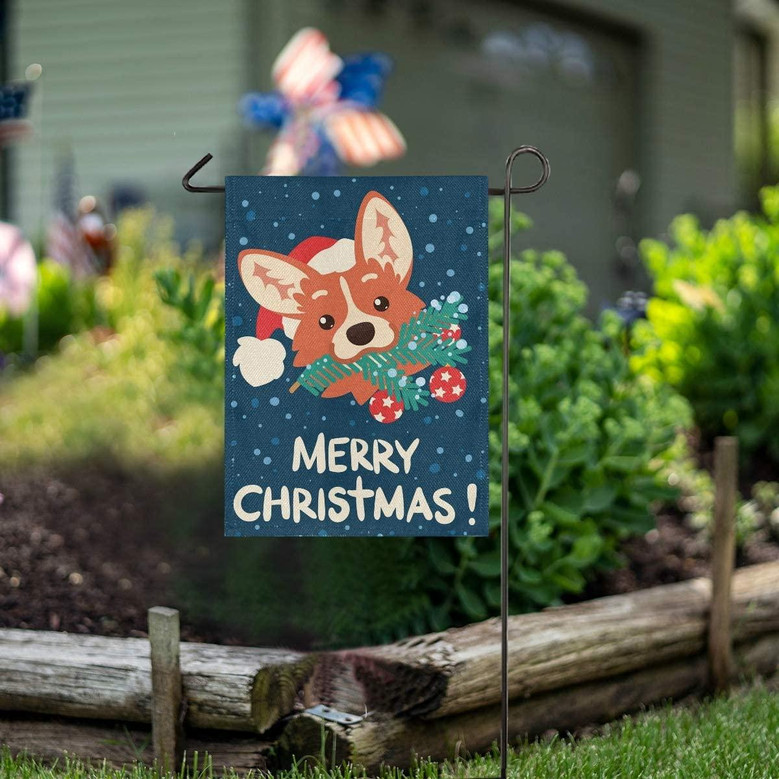 Merry Christmas Cute Corgi Dog Burlap Garden Flag Home Banners, Double Sided Welcome Farmhouse Outdoor Yard Decorative Flag 12 X 18 Inch