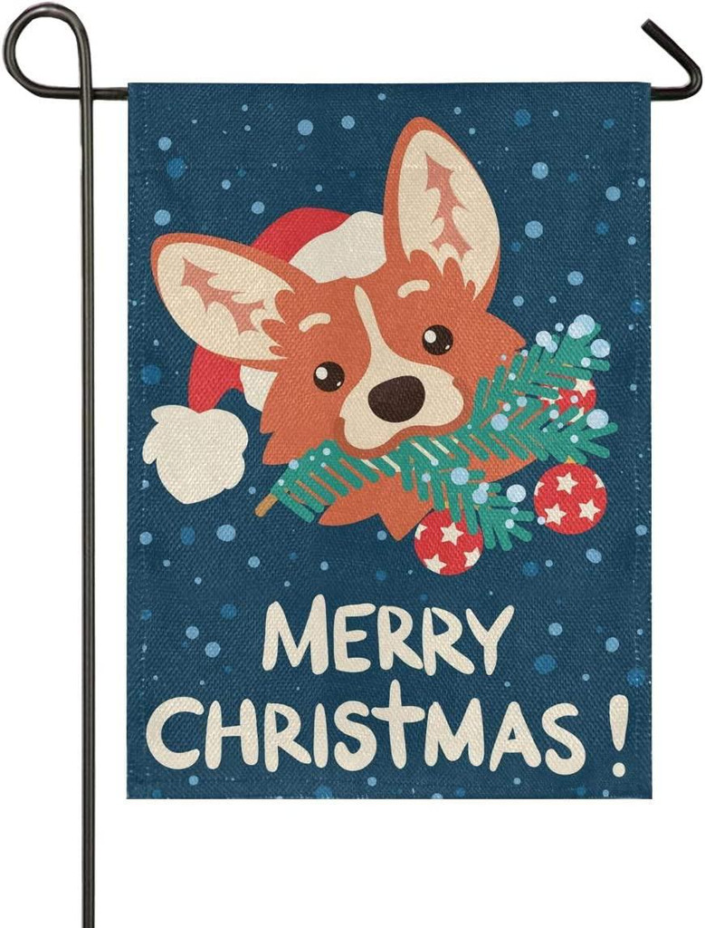 Merry Christmas Cute Corgi Dog Burlap Garden Flag Home Banners, Double Sided Welcome Farmhouse Outdoor Yard Decorative Flag 12 X 18 Inch