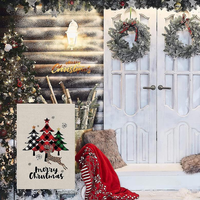 Merry Christmas Garden Flag, 12 X 18 Vertical Double Sided Buffalo Plaid Pine Tree Yard Flags Leopard Print Christmas Decorations Seasonal Winter Decor For Farmhouse Outdoor Holidays