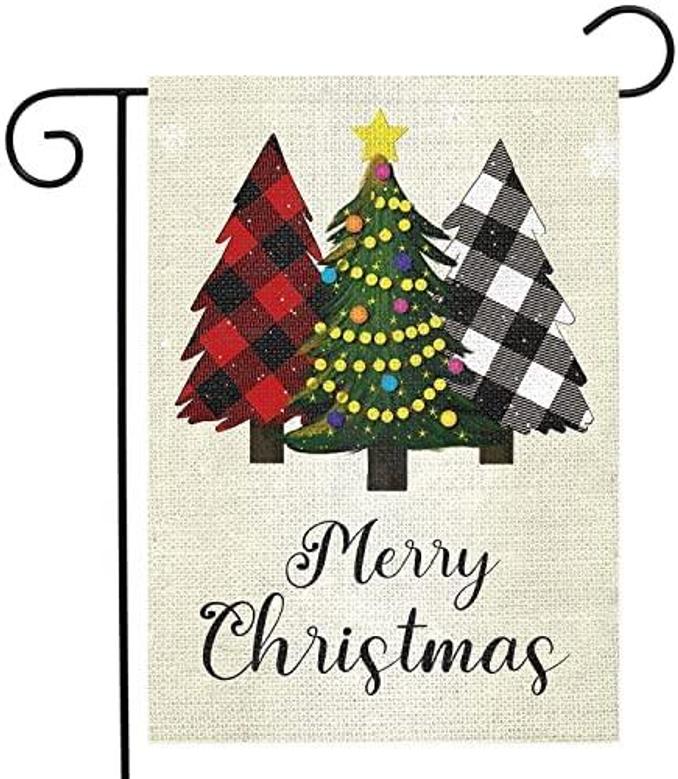 Merry Christmas Garden Flag 12x18 Double Sided Buffalo Plaid Tree Garden Yard Flags Outdoor Christmas Decoration For House Winter Holiday