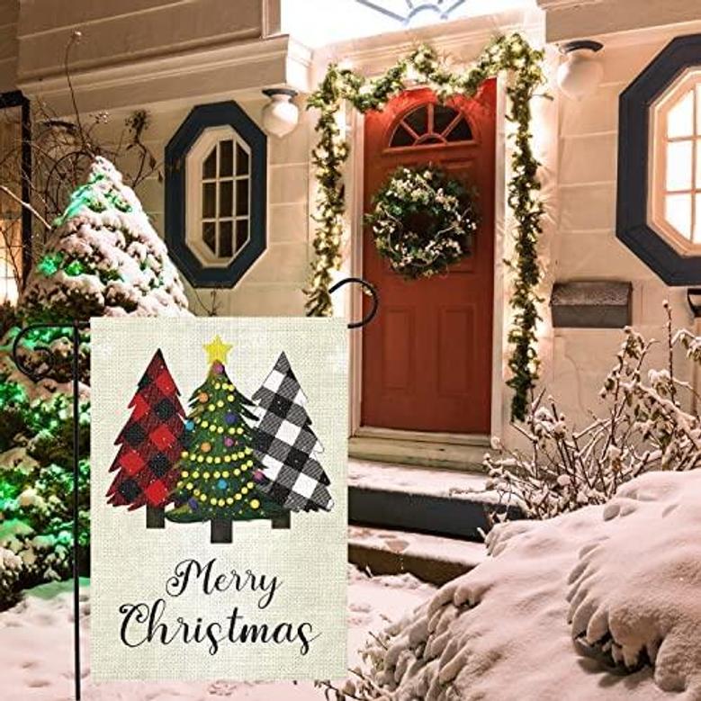 Merry Christmas Garden Flag 12x18 Double Sided Buffalo Plaid Tree Garden Yard Flags Outdoor Christmas Decoration For House Winter Holiday