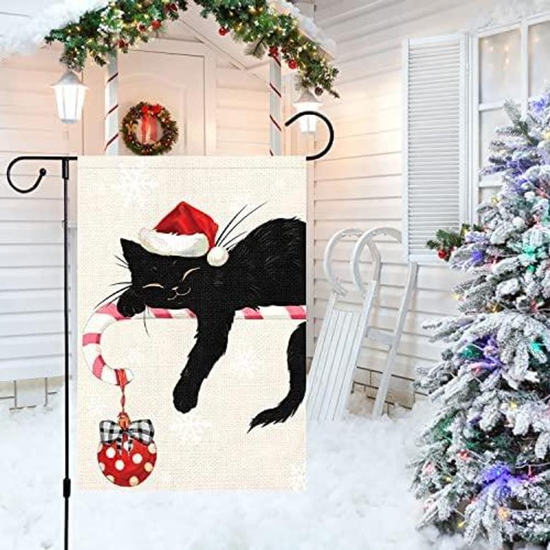 Merry Christmas Garden Flag 12x18 Double Sided Vertical, Burlap Small Winter Farmhouse Rustic Welcome Christmas Black Cat Ball Yard Flag Holiday Christmas House Outdoor Decorations
