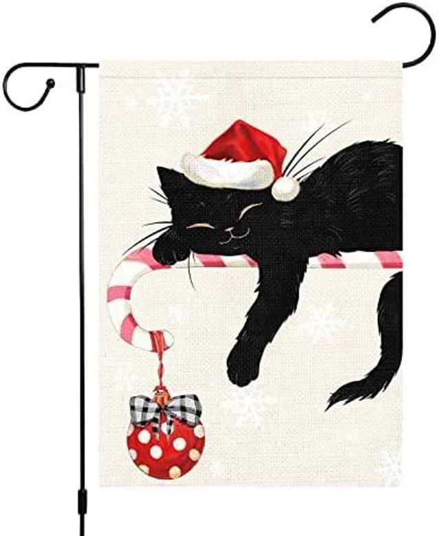 Merry Christmas Garden Flag 12x18 Double Sided Vertical, Burlap Small Winter Farmhouse Rustic Welcome Christmas Black Cat Ball Yard Flag Holiday Christmas House Outdoor Decorations