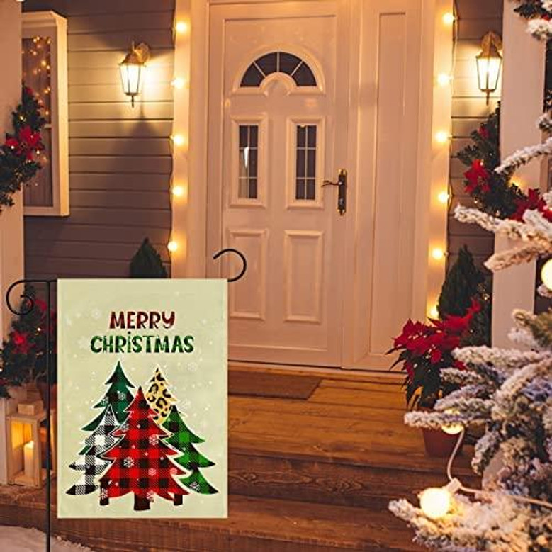 Merry Christmas Garden Flag Christmas Tree Buffalo Check Plaid Vertical Double Sided Yard Flag Holiday Winter Outdoor Decoration