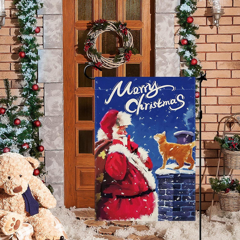 Merry Christmas Garden Flag, Santa And Cat Garden Flags, Cute Santa Flag, Christmas Flag Double Sided Winter Yard Flag Holiday Flag Home Yard Farmhouse Christmas Decor Outdoor