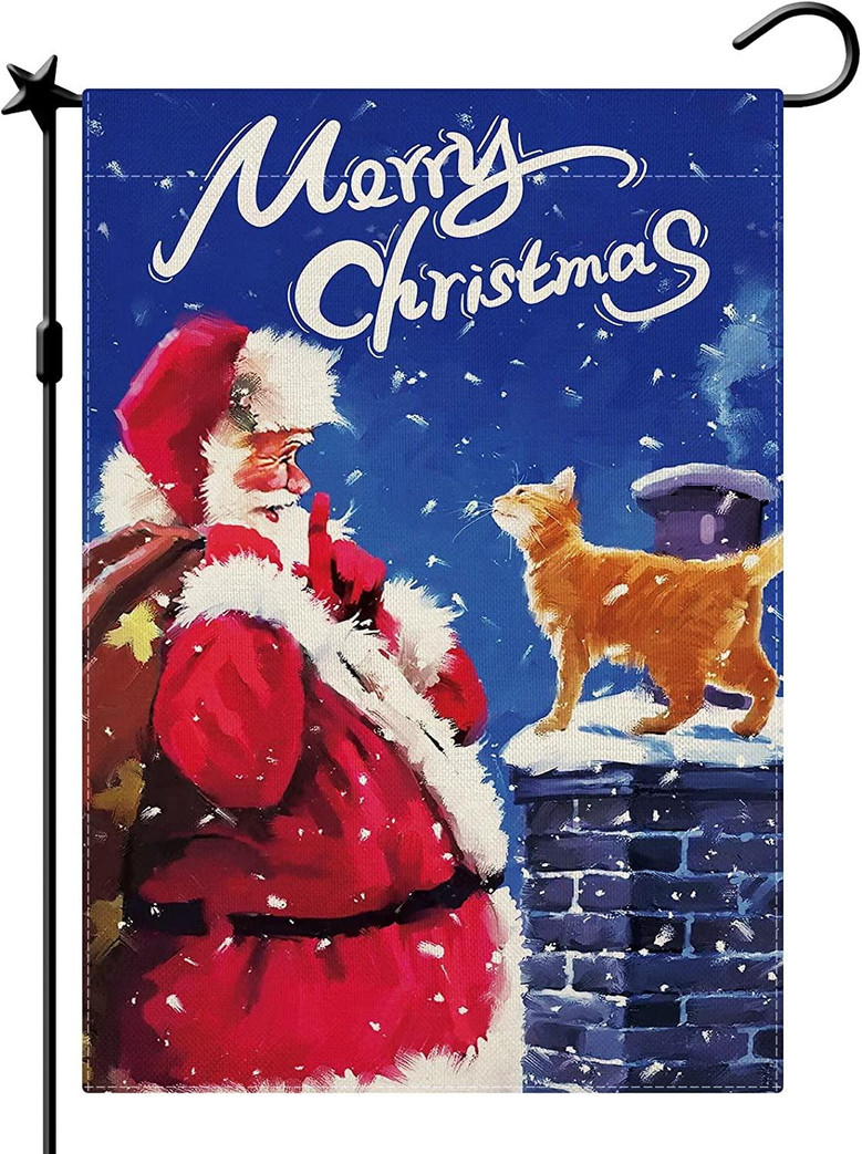 Merry Christmas Garden Flag, Santa And Cat Garden Flags, Cute Santa Flag, Christmas Flag Double Sided Winter Yard Flag Holiday Flag Home Yard Farmhouse Christmas Decor Outdoor
