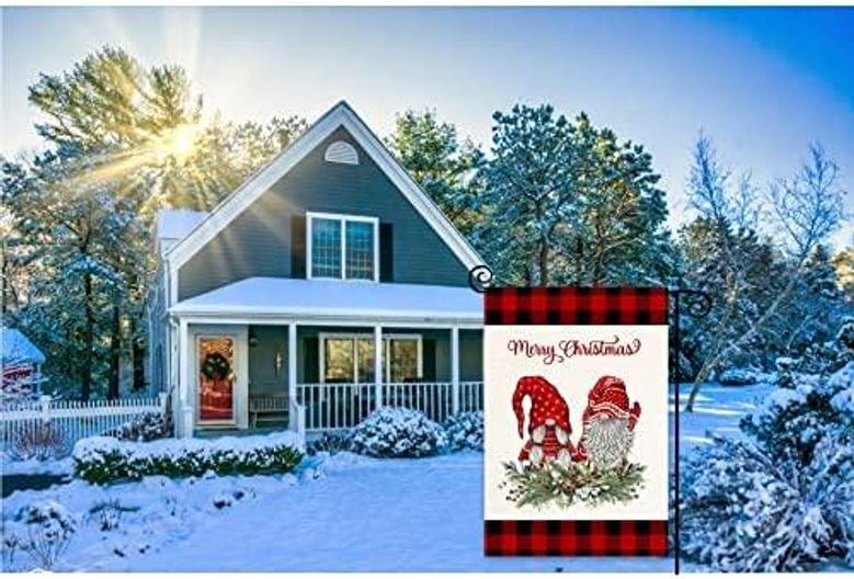 Merry Christmas Gnomes Garden Flag Vertical Double Sided Black Red Buffalo Plaid Gnomes Yard Outdoor Decor