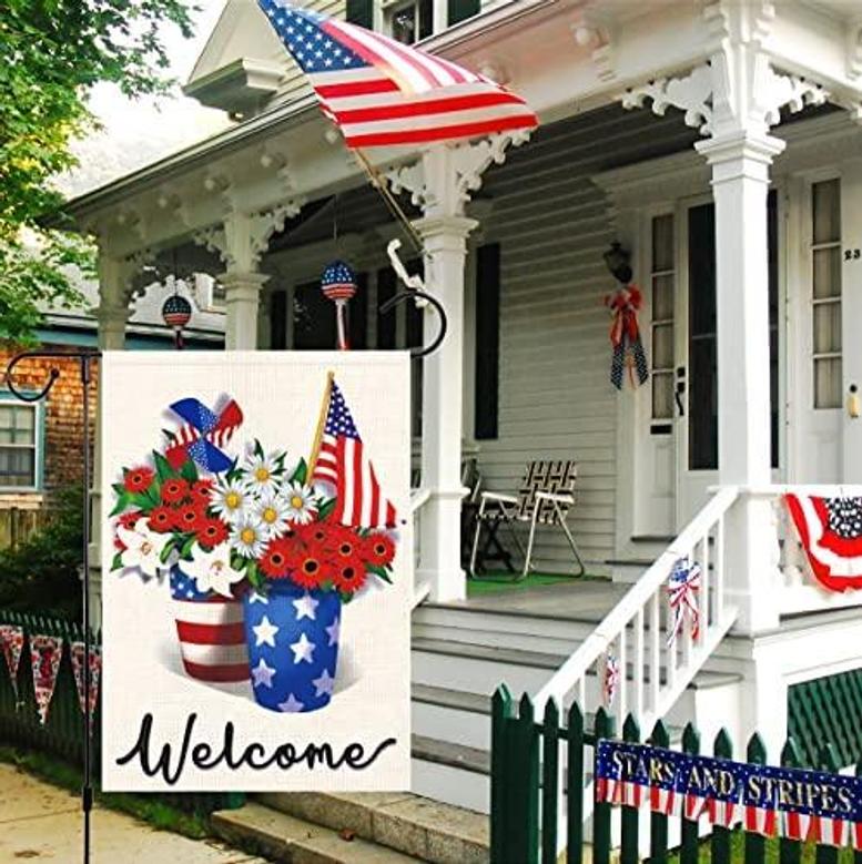 Patriotic Memorial Day Usa Garden Flag 12x18 Double Sided Vertical, Small Burlap American Star And Strip Floral 4th Of July Garden Yard Flags Banner Memorial Day Independence Day Outdoor House Decorations