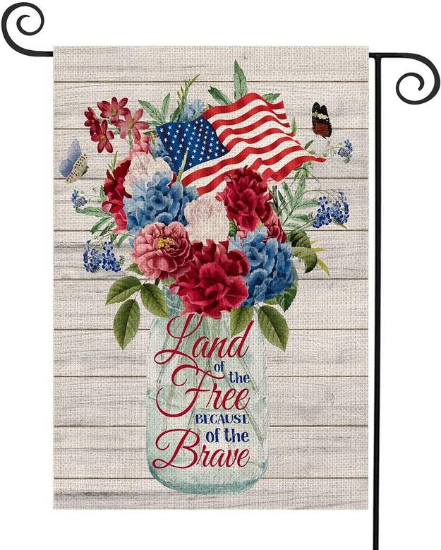 Patriotic Rustic Floral Garden Flag 12x18 Inches Home Land Brave Mason Jar Flower 4th Of July Stripe And Star American Flag Double Sided,memorial Day Independence Day Outdoor Décor