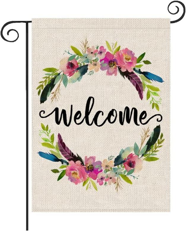 Spring Summer Welcome Burlap Garden Flag 12x18, Double Sided Spring Summer Decorative Yard Flag Outside
