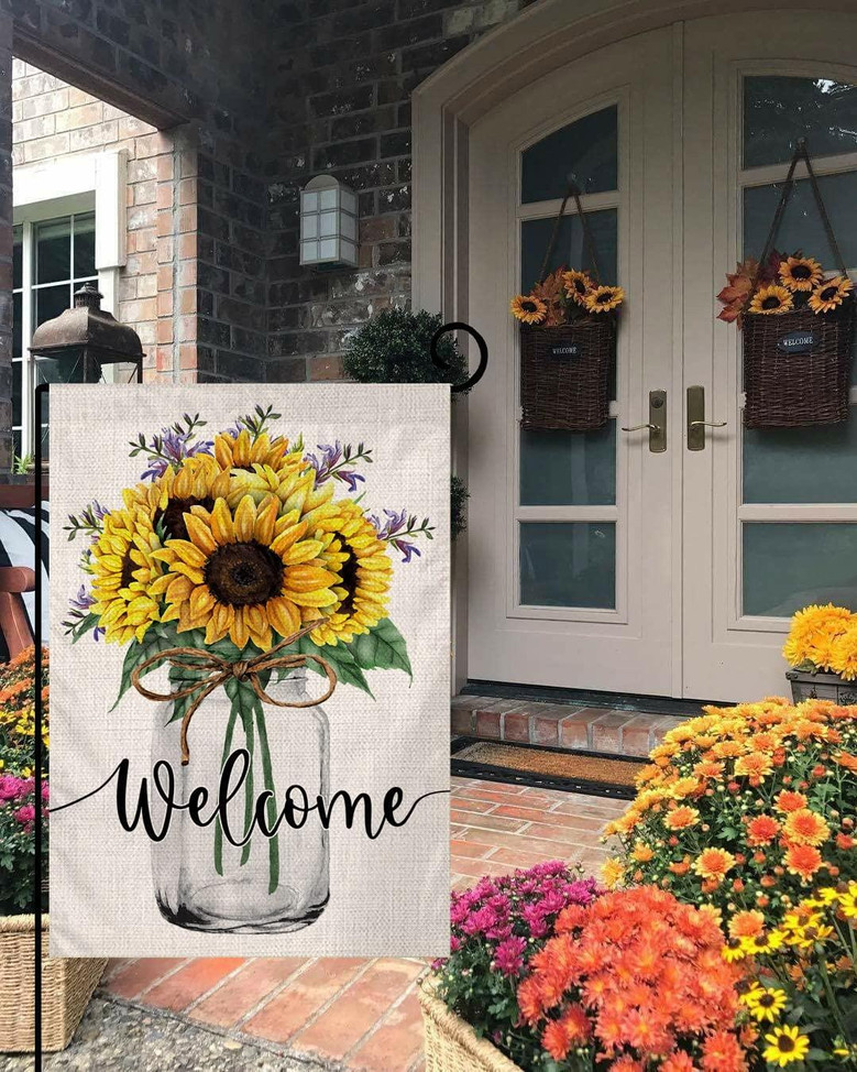 Summer Sunflower Garden Flag 12x18 Vertical Double Sided Welcome Summer Mason Jar Flowers Farmhouse Outside Decorations Burlap Yard Flag