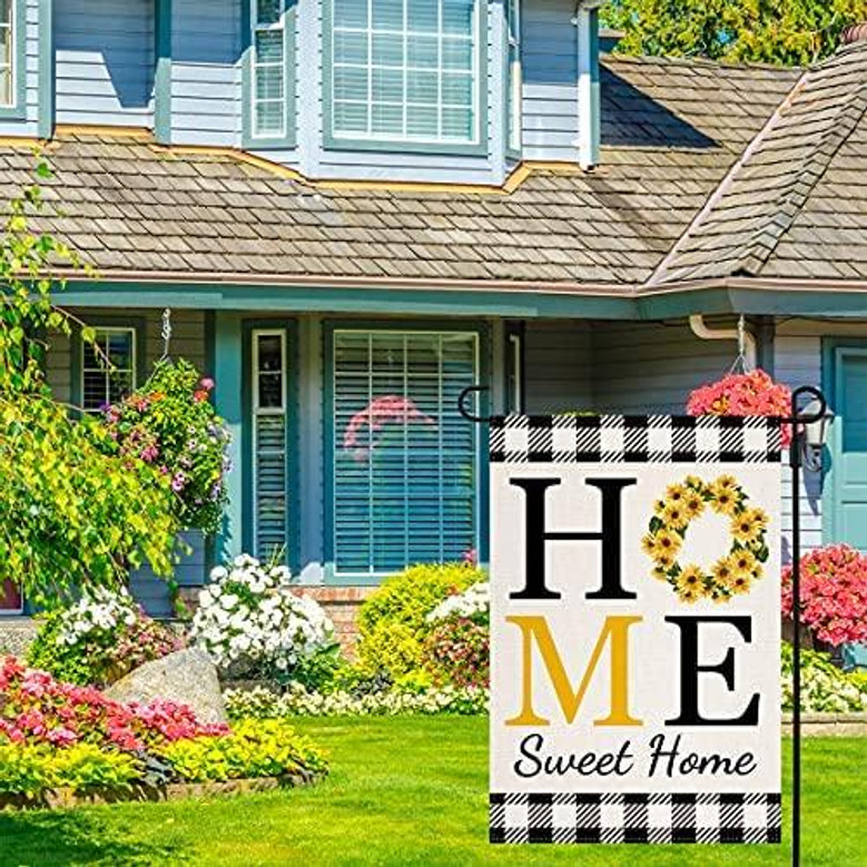 Sunflower Home Sweet Home Garden Flag For Outside Summer Flags For Farmhouse Lawn Outdoor Décor, Burlap Vertical Buffalo Check Plaid Flower Small Rustic Yard Flags