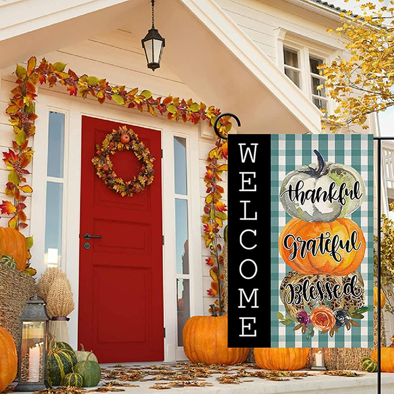 Thankful Grateful Blessed Garden Flag Double Sided, Fall Thanksgiving Pumpkins Welcome Buffalo Plaid Yard Autumn Holiday Farmhouse Outdoor Outside Decoration