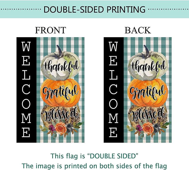 Thankful Grateful Blessed Garden Flag Double Sided, Fall Thanksgiving Pumpkins Welcome Buffalo Plaid Yard Autumn Holiday Farmhouse Outdoor Outside Decoration