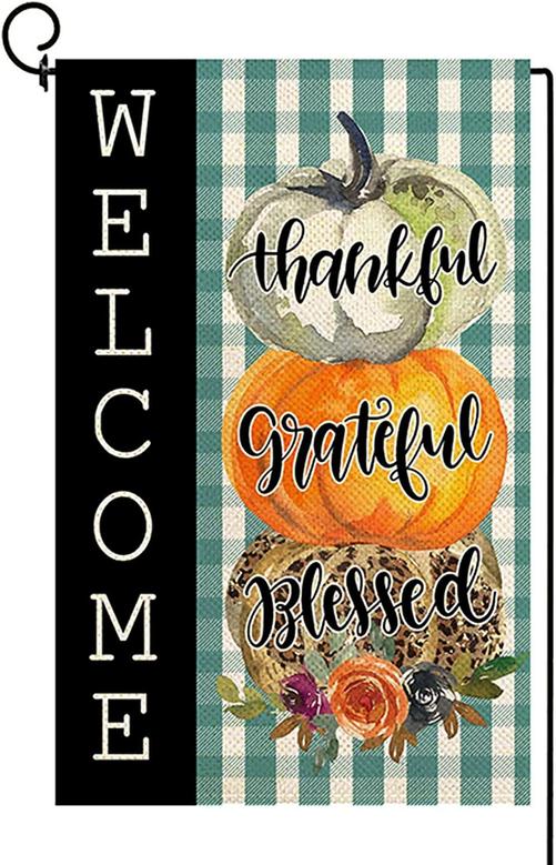 Thankful Grateful Blessed Garden Flag Double Sided, Fall Thanksgiving Pumpkins Welcome Buffalo Plaid Yard Autumn Holiday Farmhouse Outdoor Outside Decoration