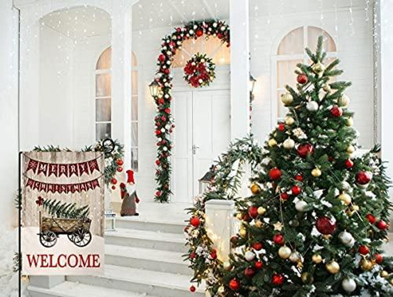Welcome Christmas Tree Small Garden Flag 12x18 Inch Vertical Double Sided Merry Christmas Wooden Snow Cart Winter Holiday Outdoor Decorations Yard Flag