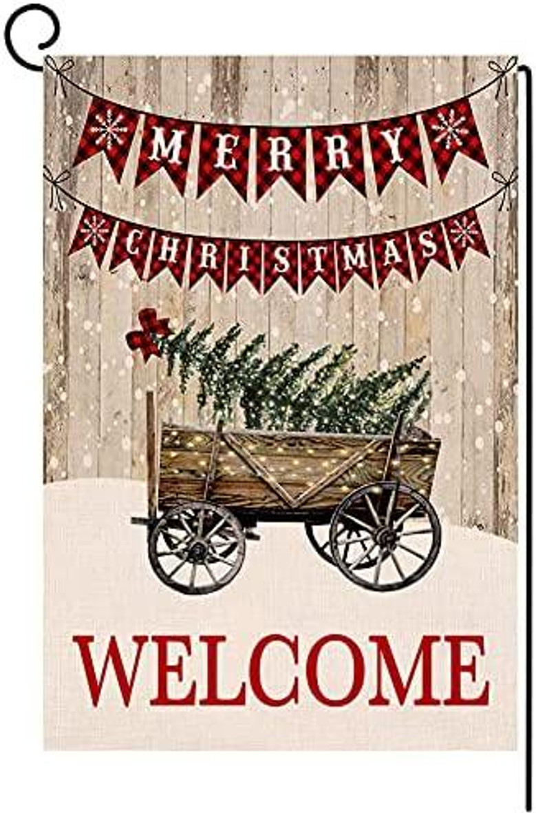 Welcome Christmas Tree Small Garden Flag 12x18 Inch Vertical Double Sided Merry Christmas Wooden Snow Cart Winter Holiday Outdoor Decorations Yard Flag
