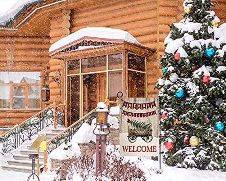 Welcome Christmas Tree Small Garden Flag 12x18 Inch Vertical Double Sided Merry Christmas Wooden Snow Cart Winter Holiday Outdoor Decorations Yard Flag