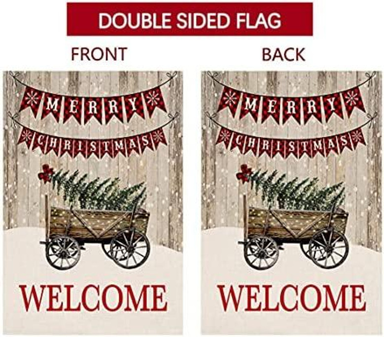 Welcome Christmas Tree Small Garden Flag 12x18 Inch Vertical Double Sided Merry Christmas Wooden Snow Cart Winter Holiday Outdoor Decorations Yard Flag