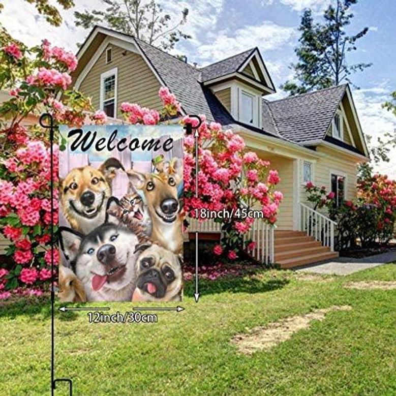 Welcome Happy Dog Animals Outdoor Garden Flag, Double Sided Vertical Garden Yard Flag Banner For Lawn House Outside Decor 12x18inch Gift For Dog Lover