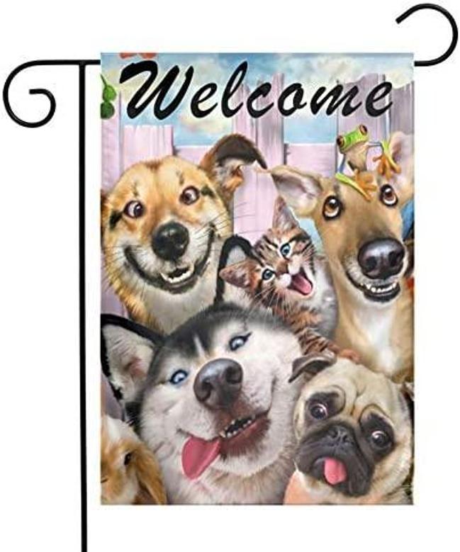 Welcome Happy Dog Animals Outdoor Garden Flag, Double Sided Vertical Garden Yard Flag Banner For Lawn House Outside Decor 12x18inch Gift For Dog Lover
