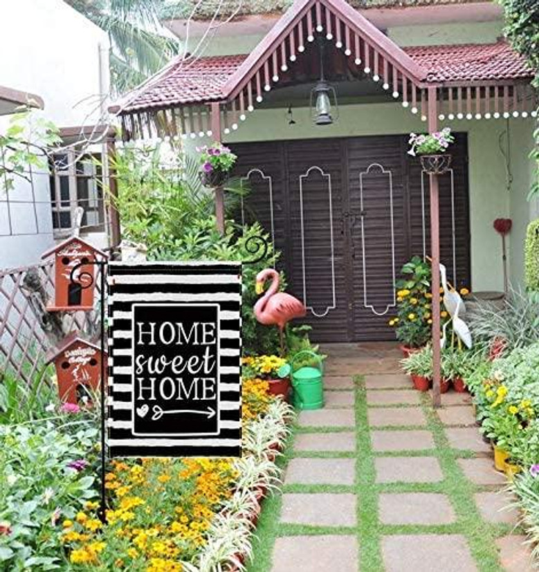 Welcome Home Watercolor Stripes Garden Flag , Home Sweet Home Vertical Double Sided 12 X 18 Inch Rustic Burlap Black And White Spring Summer Holiday Outdoor Décor