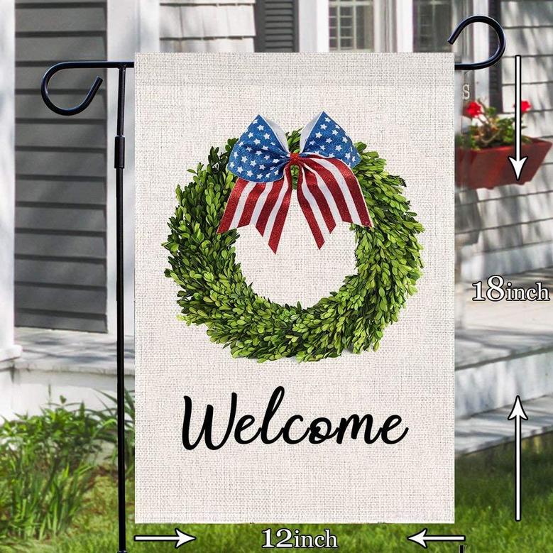 Welcome Patriotic 4th Of July Wreath Garden Flag 12x18inch Double Sided America Memorial Day Independence Day Flag Summer Farmhouse Holiday Funny Yard Outdoor Decoration