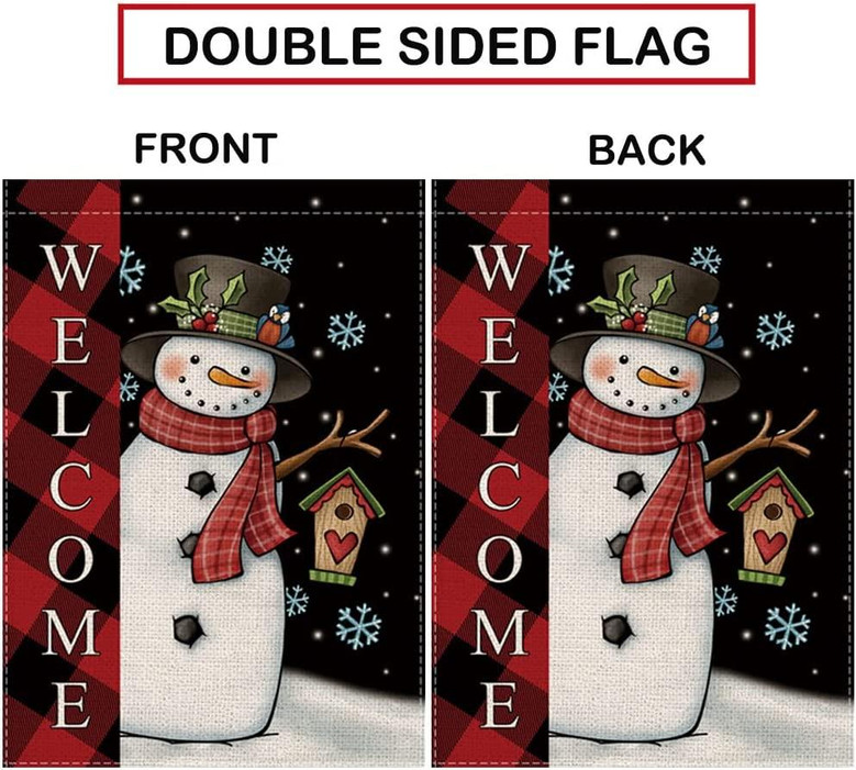 Winter Christmas Garden Flag Snowman Buffalo Plaid Welcome Flags Double Sided 12 X 18 Inch Burlap Vertical Snowflake Outdoor Yard Decorations