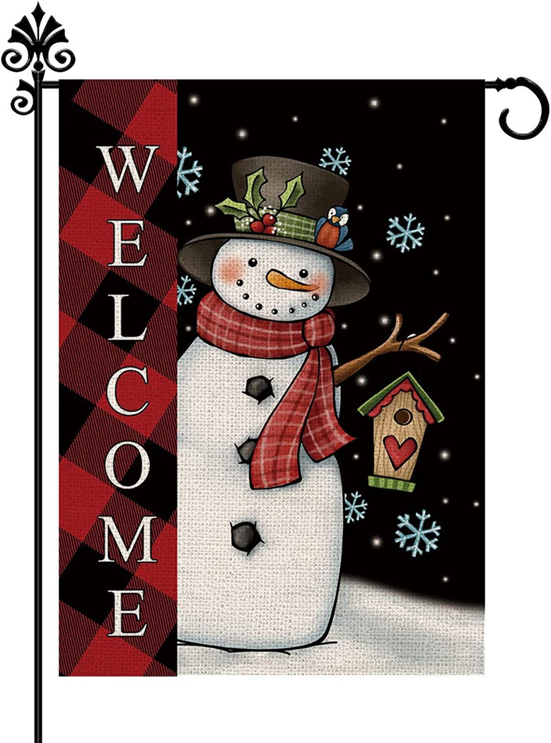 Winter Christmas Garden Flag Snowman Buffalo Plaid Welcome Flags Double Sided 12 X 18 Inch Burlap Vertical Snowflake Outdoor Yard Decorations