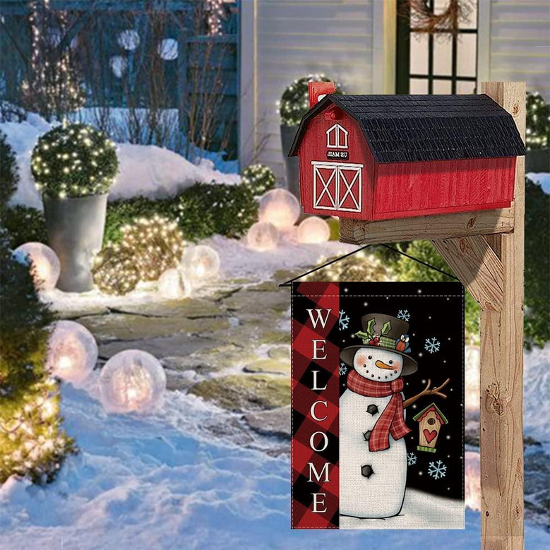 Winter Christmas Garden Flag Snowman Buffalo Plaid Welcome Flags Double Sided 12 X 18 Inch Burlap Vertical Snowflake Outdoor Yard Decorations