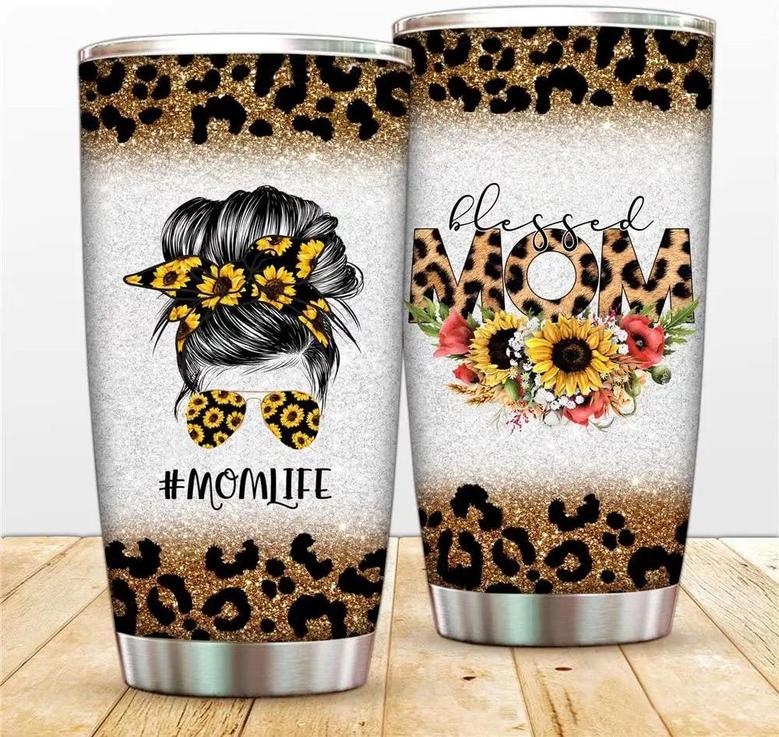 Blessed Mom Tumbler Cup 20oz Mom Life Mug Leopard Travel Tumbler Vacuum Insulated Coffee Cup For Mom, Sunflower Double Wall Thermos For Ice Hot Drink, Stainless Steel Mama Mommy Cup