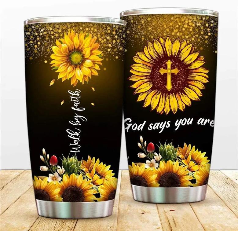 Cross Faith Travel Tumblers Sunflower Stainless Steel Vacuum Tumbler Cup For Home School Office Camping, God Religious 20oz Double Wall Insulated Coffee Mug For Ice Drink Hot Beverage