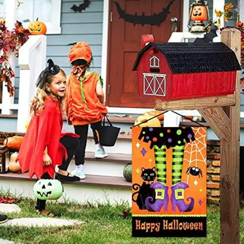 Happy Halloween Garden Flags Witch Feet Black Kitty Halloween Flag Vertical Double Sided Halloween Yard Flag Burlap For Fall House Porch Outdoor Halloween Decoration