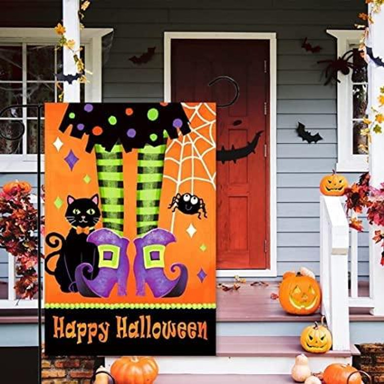 Happy Halloween Garden Flags Witch Feet Black Kitty Halloween Flag Vertical Double Sided Halloween Yard Flag Burlap For Fall House Porch Outdoor Halloween Decoration