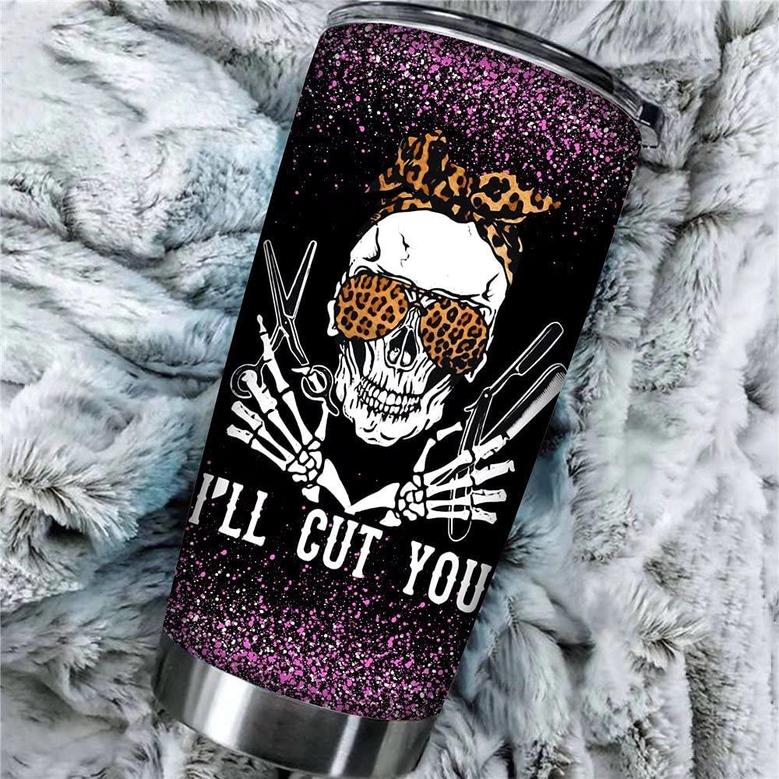 20oz Hairdresser Travel Tumbler Skull Hair Stylists Coffee Cup, I Will Cut You Vacuum Insulated Tumblers Mug, Funny Barber Stainless Steel Water Thermos For Work, Home, Outdoor