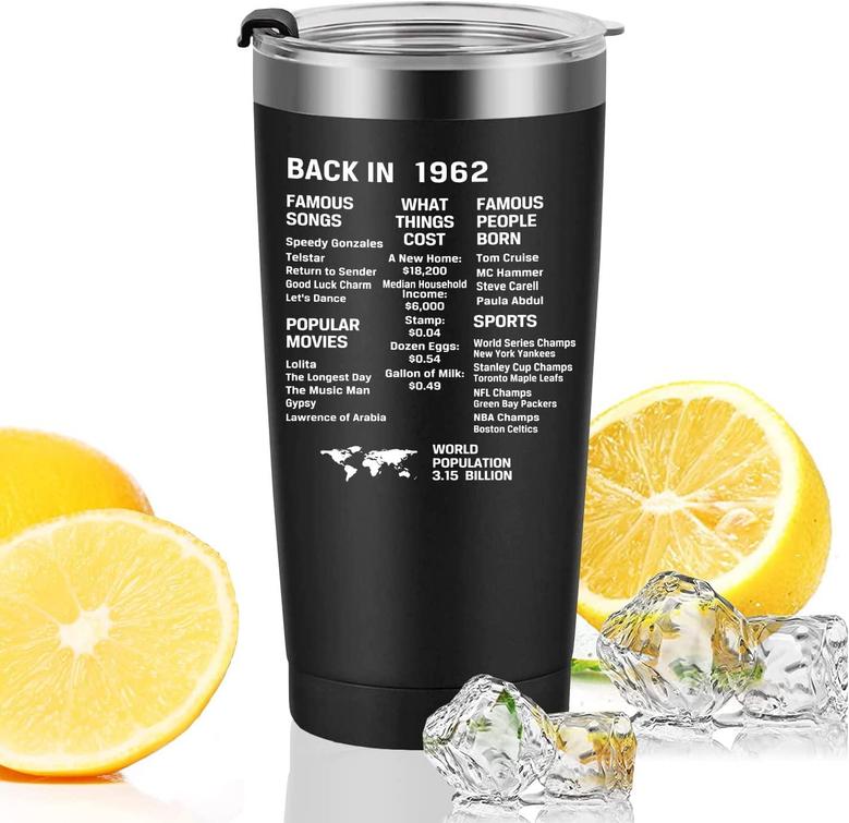 60th Birthday Gifts For Men Women Friends, Tumbler 20 Oz Stainless Steel Vacuum Insulated Tumblers, Double Sided Printed Birthday Thermos Cup, Back In 1962 Old Time Information