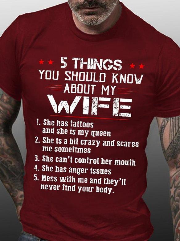 Men's 5things You Should Know A About My Wifeinfluence Funny Graphic Print Regular Fit Text Letters T-shirt