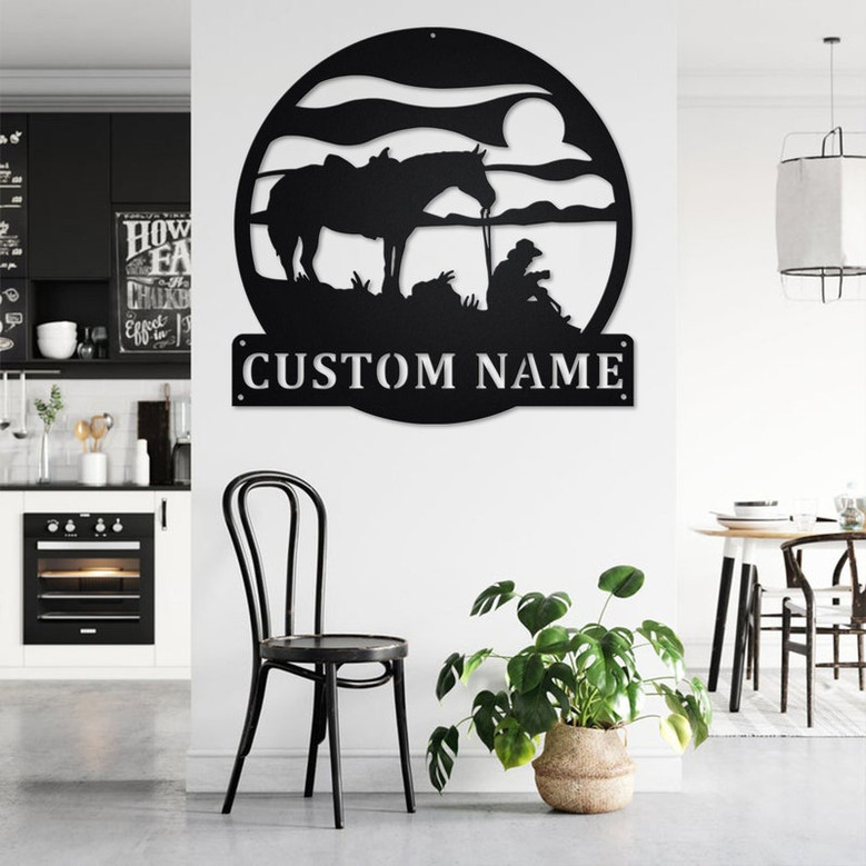 Custom Coffee Break Horse Cowboy Metal Wall Art, Personalized Horse With Cowboy Name Sign Decoration For Room, Horse With Cowboy Home Decor