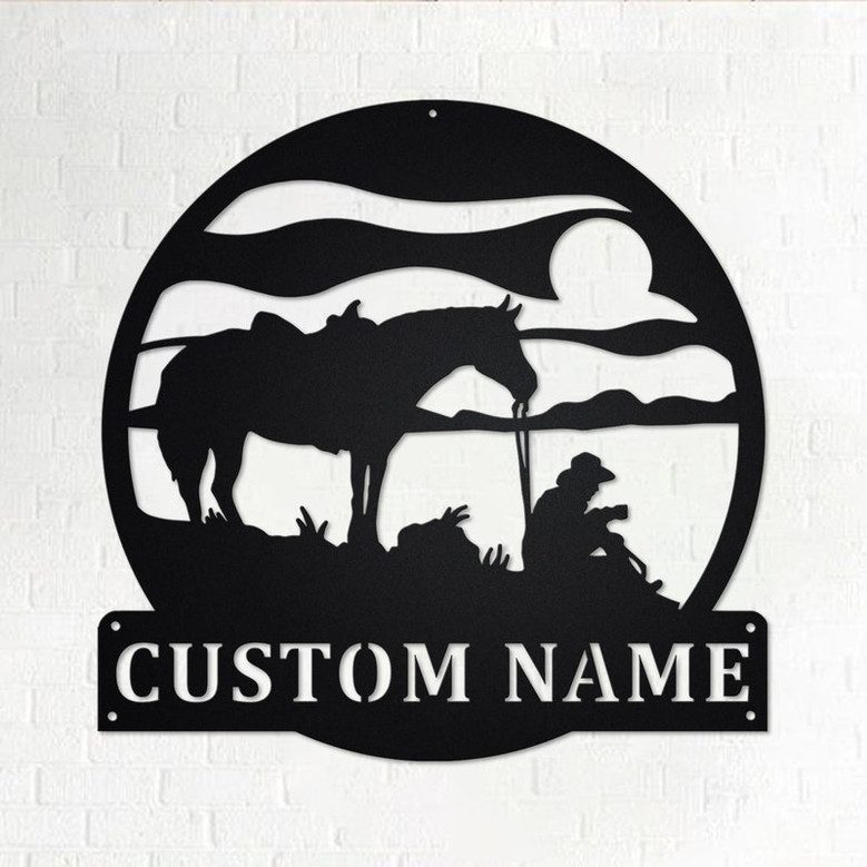 Custom Coffee Break Horse Cowboy Metal Wall Art, Personalized Horse With Cowboy Name Sign Decoration For Room, Horse With Cowboy Home Decor