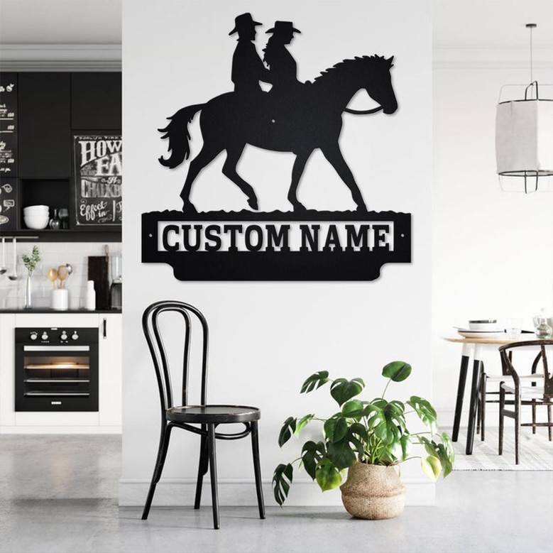 Custom Cowboy and Cowgirl Riding a Horse Metal Wall Art, Personalized Cowboy Name Sign Decoration For Room, Cowboy Home Decor, Custom Cowboy