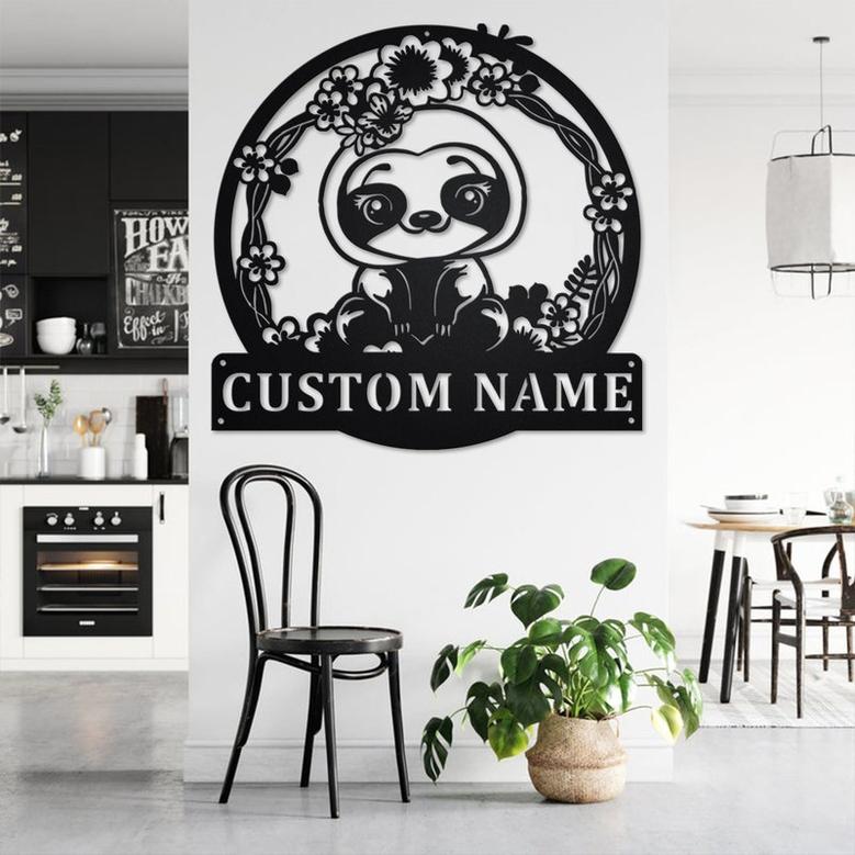 Custom Cute Floral Sloth Metal Wall Art, Personalized Sloth Name Sign Decoration For Room, Sloth Home Decor, Custom Sloth, Cute Floral Sloth