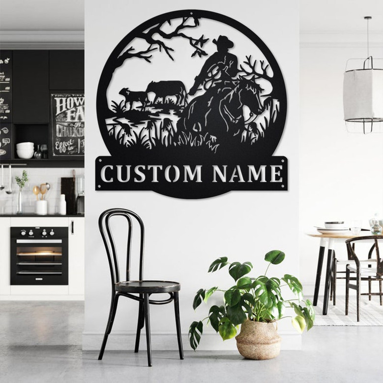 Custom Horse Cowboy Metal Wall Art, Personalized Cowboy Name Sign Decoration For Room, Horse Cowboy Metal Home Decor, Custom Horse Cowboy