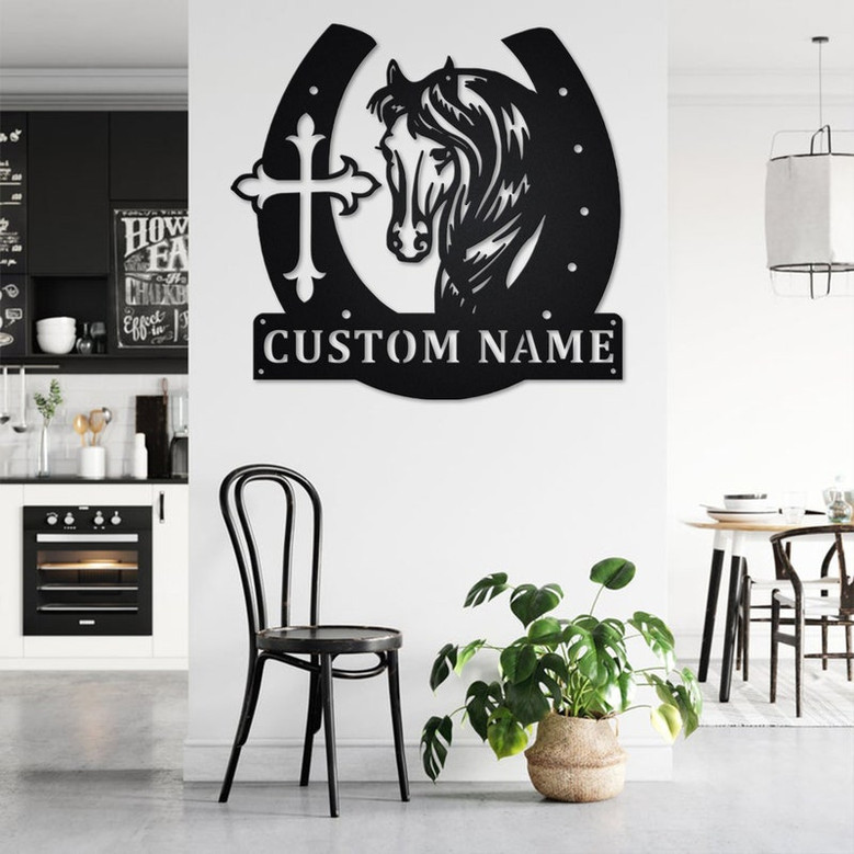 Custom Large Horseshoe With Horse Head And Cross Metal Wall Art, Personalized Horse Name Sign Decoration For Room,Horse And Cross Home Decor