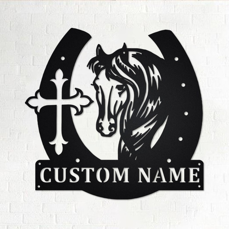 Custom Large Horseshoe With Horse Head And Cross Metal Wall Art, Personalized Horse Name Sign Decoration For Room,Horse And Cross Home Decor