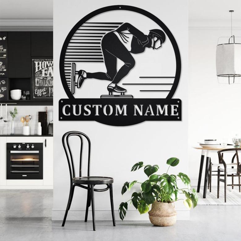 Custom Speed Skating Sport Metal Wall Art, Personalized Skater Name Sign Decoration For Room, Speed Skating Metal Home Decor, Custom Skating