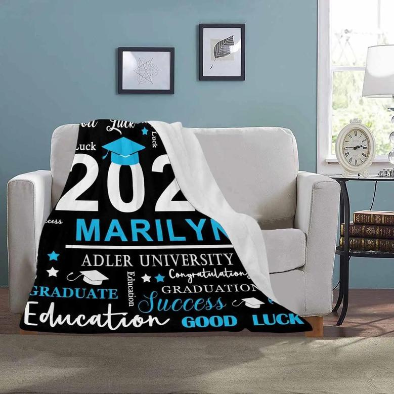 Custom Blanket For Graduation Gift, Class Of 2022 Graduation Success Good Luck Black Blue Blanket Personalized Throw Blanket For Him Her Daughter Son From Mom Dad Graduation Decoration Birthday