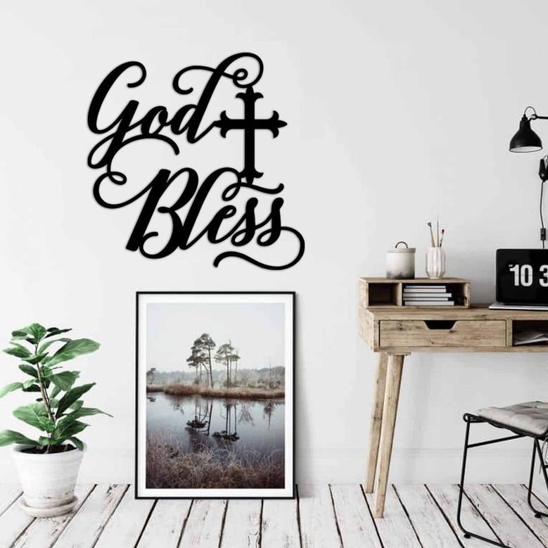 God Bless Our Home Metal Sign, Cross, Religious Decor, God Bless, Spiritual Decor, Religious Wall ARt, God is Good Metal Sign, Wall Hanger